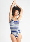 Ruby Shaping Thong Bodysuit - Cotton Seamless from Yummie in Grey Heather/Medieval Blue Stripe - 1