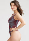 Ruby Shaping Thong Bodysuit - Cotton Seamless from Yummie in Tawny Port/Night Sky/White Stripe - 3