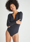 Katrina Henley Long Sleeve Thong Bodysuit - Cotton Rib Seamless from Yummie in Black - 1