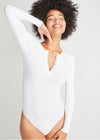 Katrina Henley Long Sleeve Thong Bodysuit - Cotton Rib Seamless from Yummie in White - 1